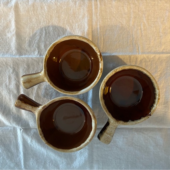 3 Monmouth Maple Leaf USA Brown Pottery Drip Glaze Handled Soup Bowls 0901 - Picture 2 of 7